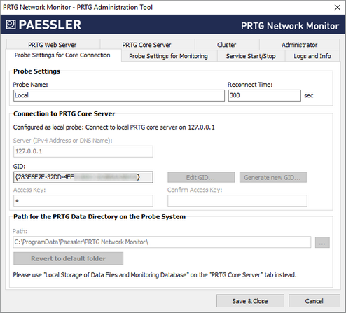 Probe Settings for Core Connection Tab